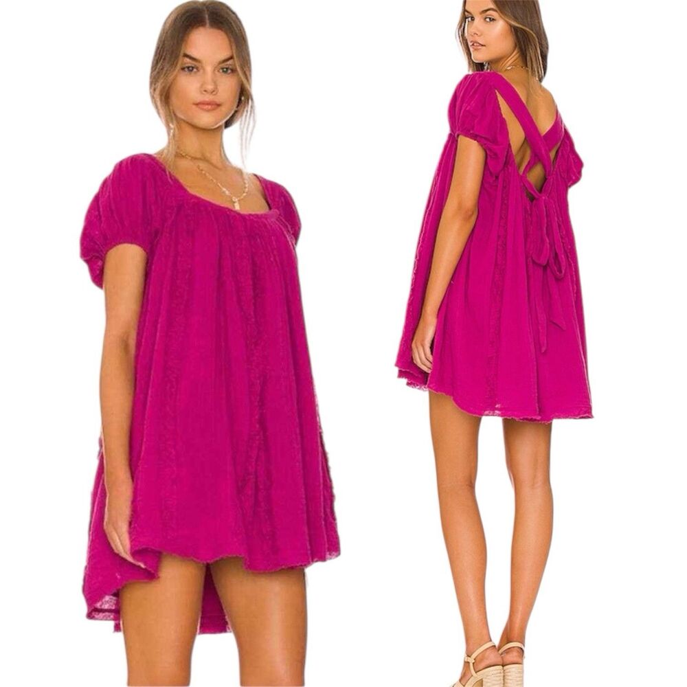 Free People Angele Mini Dress M Pink Dragonfruit Punch Gauze Fushcia Oversized
